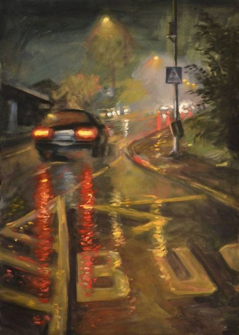 Art Wishlist, Istoria Artei, L Wallpaper, Street Painting, Impressionism Art, Night Painting, Photorealism, Bus Stop, Car Painting