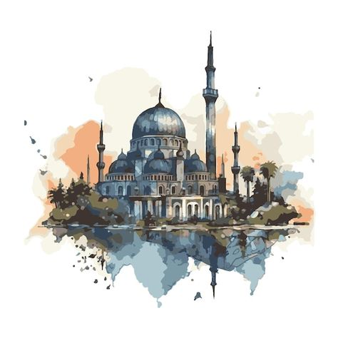 Mosque Watercolor Paintings, Blue Mosque Drawing, Mosque Aesthetic, Mosque Painting, Eid Aesthetic, Church Watercolor, Mosque Drawing, Scarf Inspiration, Mosque Vector