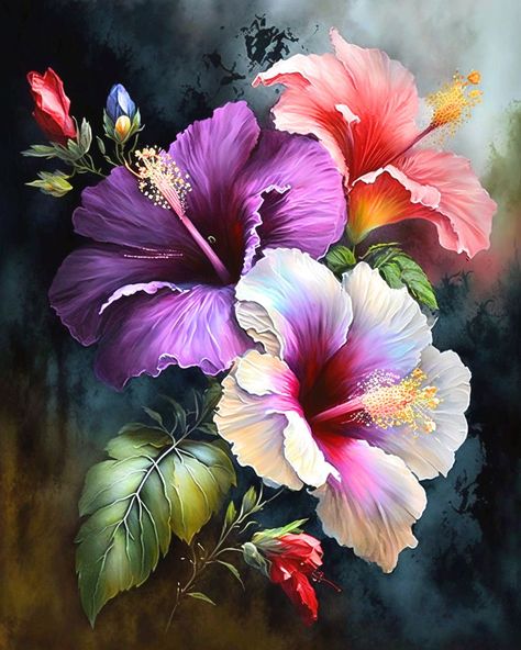 Large Flower Pictures, Diamond Painting Pictures Flowers, Painting Of Hibiscus Flower, Purple Flowers Painting, Hibiscus Painting, Gemstone Artwork, Purple Hibiscus, Painting Purple, Beautiful Flower Drawings