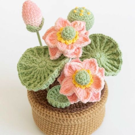 Crochet Pot Flower, Lotus Flower Crochet, Lotus Crochet, Crochet Flower Pot, Lotus Decor, Pot Crochet, 100 Crochet Stitches, Cozy Garden, Crochet Pot