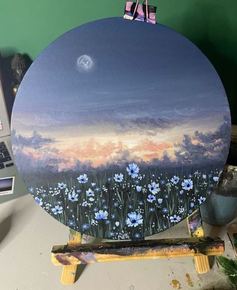 Circle Canvas Painting Butterfly, Christmas Sunset Painting, Round Landscape Painting, Acrylic Circle Painting, Circle Landscape Painting, Things To Paint On A Round Canvas, Paintings On A Circle Canvas, Drawing On Round Canvas, Dreamy Acrylic Painting