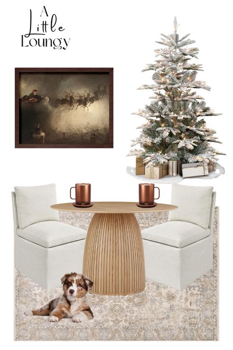 Round pedestal dining table with 2 armless slipper chairs on an area rug with a puppy at the foot. And 2 Ember Temperature Control Smart Mugs on the table. Small Christmas tree in the background and a Large, moody Christmas picture with santa in his sleigh with reindeer. Inviting Home Decor, Decor From Amazon, Crate Barrel, Inviting Home, Christmas Home Decor, Organic Modern, West Elm, Crate And Barrel, Christmas Home