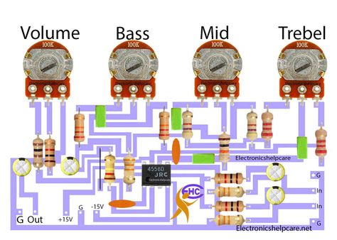 DIY bass tone circuit Bass Guitar Amplifier Diy, Bass Treble Circuit Diagram, Tone Control Circuit Diagram, Electronics Storage, Tda7388 Amplifier Circuit, Tda2030 Amplifier Circuit, Diy Amplifier, Pinterest Diy, Sound Boxes