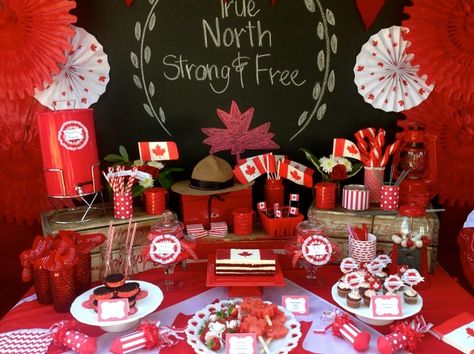 O Canada! | CatchMyParty.com Event Planning Board, Canadian Decor, Canada Party, Canada Decor, Canadian Party, Canada Birthday, Canada Day Party, Bbq Party Food, Dinner Party Ideas