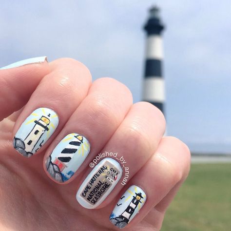 Outer Banks Nails, Sea Lighthouse, Turtle Logo, Disney Acrylic Nails, Cruise Nails, Sea Nails, Acrylic Nail Shapes, Themed Nails, Home Nail Salon