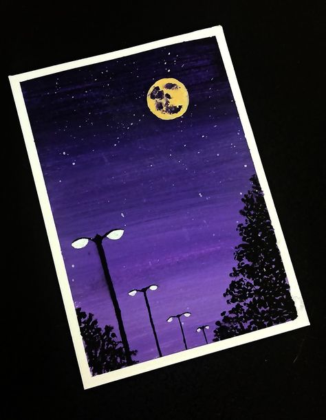 Night Sky Painting Acrylic Easy, Painting Ideas With Poster Colour, Canvas Scenery Painting Easy, Night Scenery Painting Easy, Lukis Simple, Night Drawing Easy, Night Time Paintings, Night Sky Painting Easy, Simple Scenery Painting