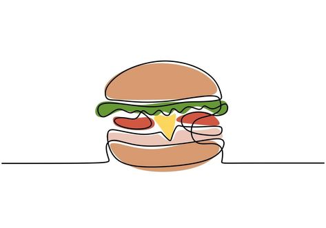 Single continuous line of Hamburger. Big burger fast food in one line style isolated on white background. Big Burger, Big Burgers, Art Aesthetics, Single Line Drawing, Burger Bar, Food Painting, Kitchen Posters, Continuous Line, School Ideas