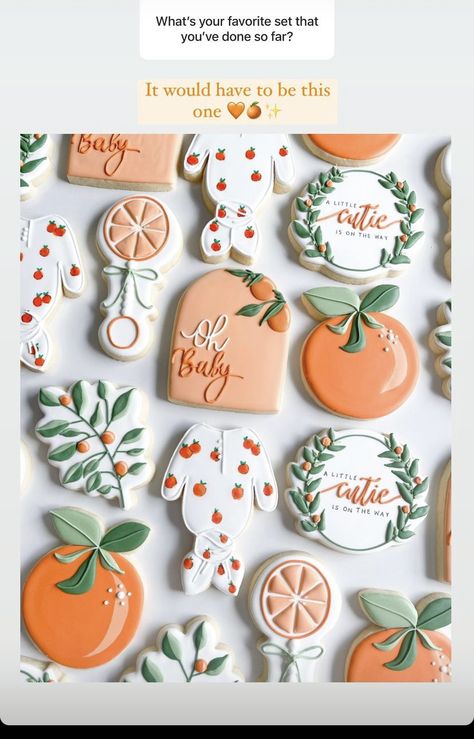 Lemon Themed Bridal Shower, Cookie Recipes Decorating, Peach Cookies, Citrus Baby, Orange Baby Shower, Orange Cookies, Baby Shower Crafts, Sprinkle Baby Shower, Sugar Cookie Designs