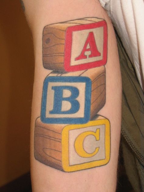 Thomas Graham, Super Genius Tattoo, Seattle WA, color tattoo, children's blocks, toys Tattoo Name Ideas, Baby Name Tattoos, Tattoos Infinity, Tattoos With Kids Names, Tattoo Name, Wild Tattoo, Tiny Tattoo, Name Tattoo Designs, Name Ideas