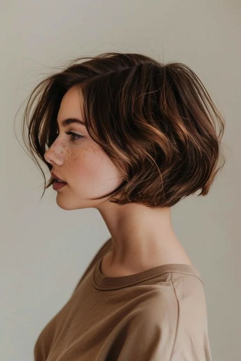 Short Hairstyle Women Brown, Brown Hair Short Wolfcut, Dark Academia Bob Hair, Brown Bob Aesthetic, Hair Cut 2024 Girl Short, Bixie Colour Haircut 2024, Hair Muse, Haircut Inspiration, Short Wavy Hair