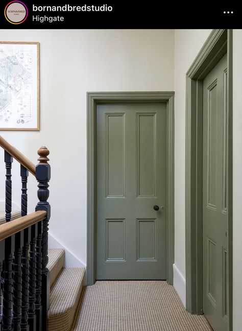 Hall And Landing Paint Ideas, Colored Doors Interior, Green Contrast Trim, Hallway Wall Colors, Interior Door Color, Green Hallway Ideas, Hallway Paint, Painted Interior Doors, Hallway Colours