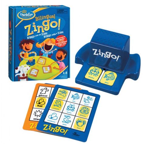 4 years & up. Bingo with a twist, this game encourages pre-readers and early readers to match pictures and words on game tiles to the pictures and words on their challenge cards. First child with a full card yells "Zingo". Language Games For Kids, Book Bingo, Spanish Games, Bingo Set, Teacher Board, Word Recognition, Classic Board Games, Visual Perception, Coloring Activity