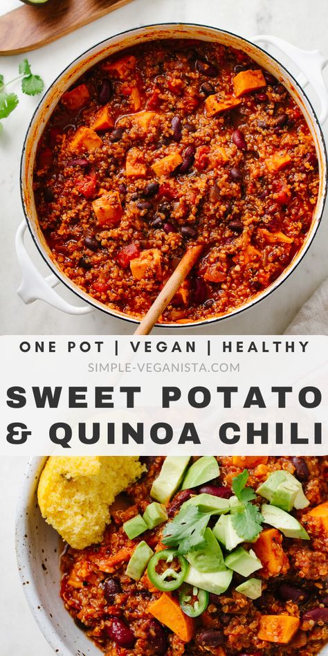 Sweet Potato Quinoa Chili, Quinoa Chili Recipe, Burger Vegetarian, Sweet Potato Quinoa, Vegan Chili Recipe, Healthy Sweet Potato, Quinoa Chili, Slow Cooker Sweet Potatoes, Vegan Slow Cooker