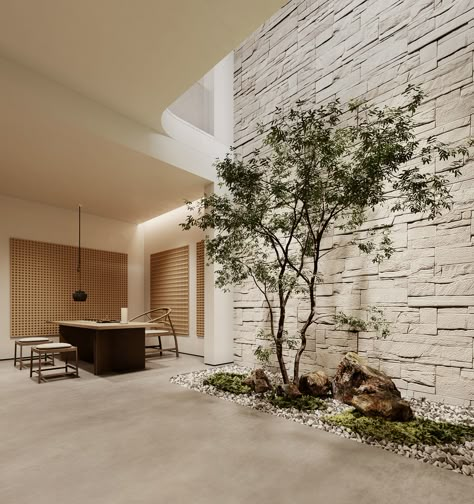 Zen Garden Interior, Interior Garden Architecture, Interior Zen Garden, Tree In Bedroom, Home Interior Design 2023, Indoor Landscape Design, Modern Indoor Garden, Modern Indoor Plants, Japandi Garden