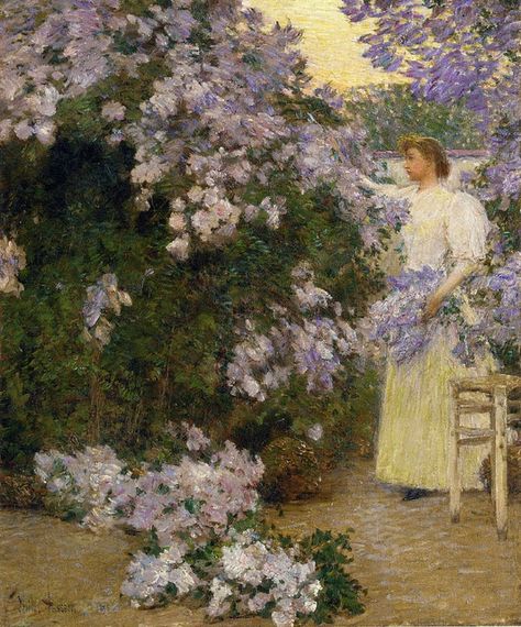 Hassam, Frederick Childe - Mrs. Hassam in the Garden, 1896.  I don't know what all the lavender flowers are, but they're heavenly. Climbing roses? A wisteria at top right? I don't think those would be blooming at the same season. Childe Hassam Paintings, Frederick Childe Hassam, Monet Garden, American Impressionism, Childe Hassam, John Singer Sargent, Garden Painting, East Hampton, Oil Painting Reproductions