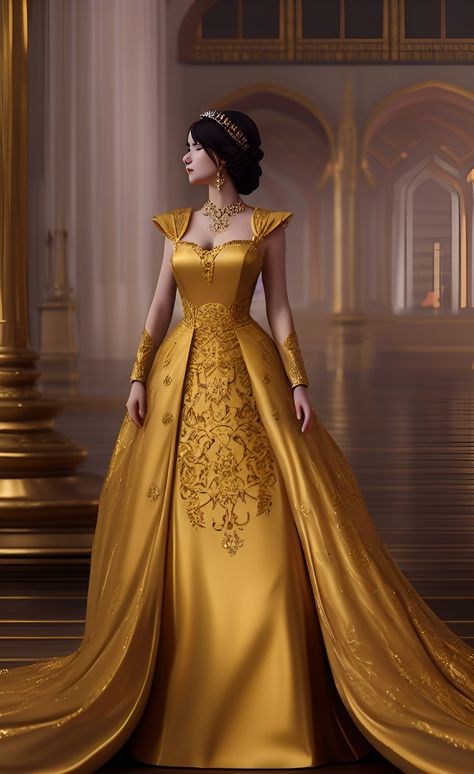 Golden Fantasy Dress, Queen Dress Royal, Fantasy Queen Dress, Empress Gown, Sun Kingdom, Black Fantasy Dress, Golden Yellow Dress, Red And Gold Dress, Egyptian Dress