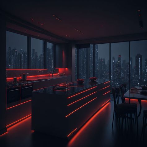 Futuristic Penthouse, Black House Aesthetic, Black Penthouse, Futuristic Rooms, Black Luxury House, Penthouse Aesthetic, Futuristic Room, Penthouse Bedroom, Red Mansion