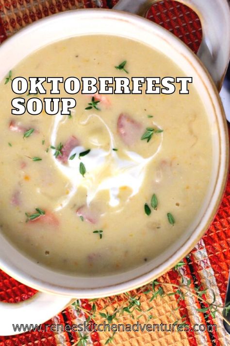 Oktoberfest Soup by Renee's Kitchen Adventures. Easy recipe for soup made with potatoes, cheddar, and kielbasa. Like a taste of oktoberfest all in one bowl! Recipe For Soup, Kielbasa Soup, Best Easy Dinner Recipes, Creamy Soup Recipes, Easy Home Recipes, Oven Baked Recipes, Cooking For Beginners, Soup Recipes Slow Cooker, Healthy Homemade Recipes