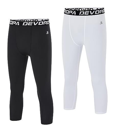 DEVOROPA Youth Boys Compression Pants 3/4 Length Sports Tights Leggings Soccer Basketball Base Layer 2 Pack Black/White M Compression Nylon Sports Pants, Compression Mid-rise Sports Bottoms, Sports Compression Pants With Go-dry, Compression Pants For Sports, Squat Proof, Basketball Compression Pants, Sport Tights, Compression Pants, Base Layer, Tight Leggings