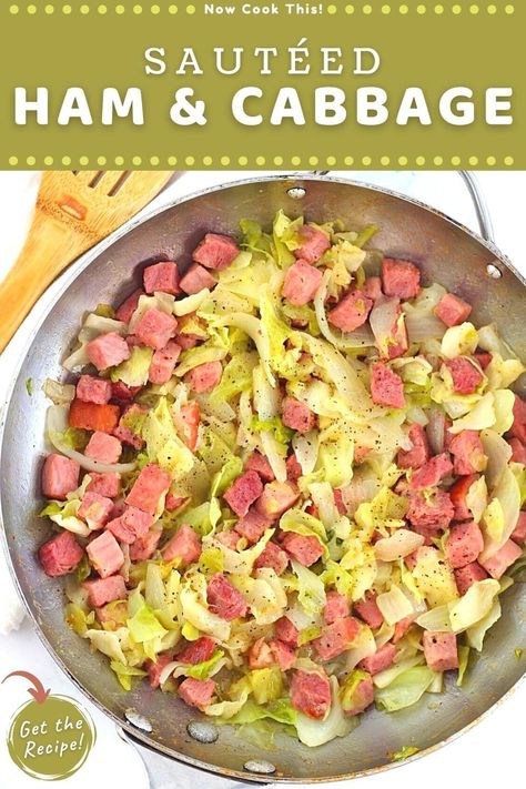 This sautéed cabbage with ham is a super simple and delicious family-friendly 30-minute meal that's made with just 6 ingredients: butter, ham, cabbage, onions, salt, and pepper. It's also a great recipe for using up leftover ham (like after a big holiday meal). Get the recipe and give it a try! Ham And Peppers Easy Recipes, Ham Cabbage Recipes, Ham And Peppers, Fried Cabbage With Ham, Fried Ham And Cabbage Recipes, Ham Potato Cabbage Casserole, Keto Ham And Cabbage Recipes, Ham Steak And Cabbage Recipes, Ham And Sauerkraut Recipe