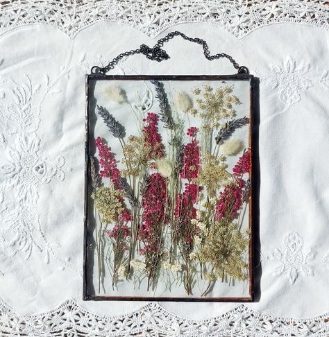 Stained glass frame, pressed flower frame, pressed plant frame, suncatcher, hanging glass decor, framed flowers, dried flower bouquet Plant Frame, Stained Glass Frames, Framed Flowers, Flowers Dried, Pressed Flower Art, Glass Frame, Dried Flower Bouquet, Glass Frames, Flower Lover