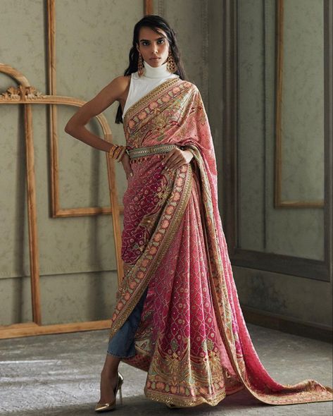 Luxury Multicolor Pre-draped Saree With Dupatta, Bollywood Dupatta With Floral Embroidery And Traditional Drape, Bollywood Style Festive Pre-draped Floral Saree, Bohemian Floral Pre-draped Saree For Festivals, Luxury Bollywood Pre-draped Multicolor Embroidered Saree, Morganite Diamond Engagement Ring, Saree Ideas, Desi Outfits, Dressing Ideas