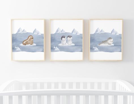 Arctic Animals Print, Nursery Wall Art, Animals in Snow Print, Winter Animal Wall Decor, Arctic Nursery Prints, Polar Animal Wall Poster Arctic Nursery Theme, Animals In Snow, Arctic Nursery, Wall Art Animals, Snow Animals, Baby Polar Bears, Polar Animals, Bear Paintings, Nursery Wall Murals