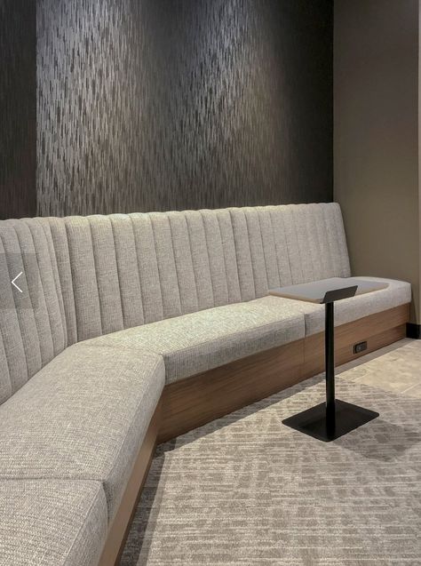 Booth Seating In Basement, Office Couch Ideas, Foyer Seating Ideas, Booth Seating Design, Banquette Ideas, Booth Seat, Banquette Seating In Kitchen, Upholstered Banquette, Built In Sofa