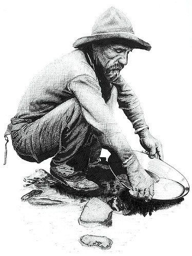 An old time prospector in a typical panning position California Gold Rush Activities, Gold Rush Activities, New Mexico History, Panning For Gold, Gold Miners, California Gold Rush, Gold Prospecting, California History, California Gold