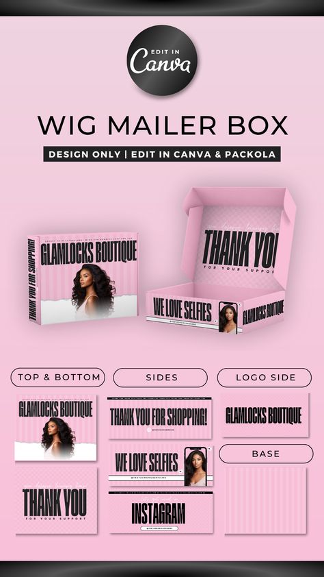 Pink Wig Mailer Box | Lace Front & Bundles Box Packaging Design | DIY Editable In Canva | Custom Packaging Box | Subscription Box Design Wig Packaging Ideas, Wigs Business, Wig Packaging, Wig Products, Mailer Box Design, Box Design Templates, Luxury Aesthetics, Mailer Design, Time Wasted