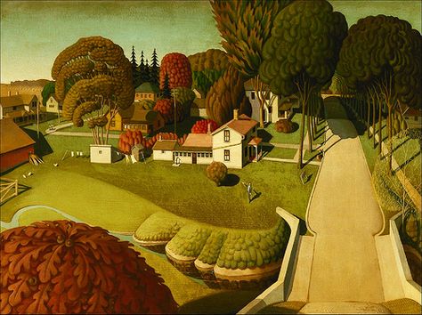 Grant Wood's "Birthplace of Herbert Hoover" (LivingHome Wall Decor from Kim Garretson, via Flickr) Grant Wood Paintings, Grant Wood American Gothic, Wood Landscape, Artist Grants, Herbert Hoover, Grant Wood, American Gothic, Iowa City, Popular Art