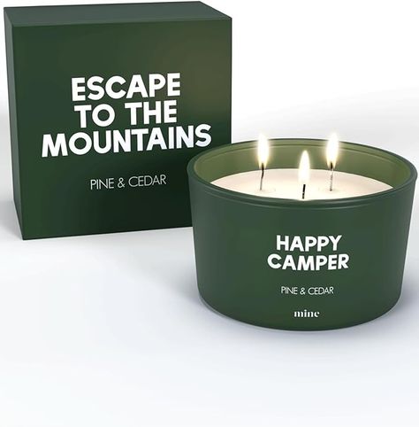 Amazon.com: Happy Camper Candle - Pine and Cedar Scented - 8oz Soy Wax 3 Wick Candle - Escape to The Mountains Home Decor - Camping Gift - Hiking Gift for Friends - Luxury Home Fragrance - Premium Gift Box : Home & Kitchen Outdoorsy Boyfriend Gifts, Mountain Gifts, Bathroom Candles Decor, Essential Oil Fragrance Blends, Candle Design, Candle Quotes, Long Lasting Candles, Candle Smells, Mountain Camping