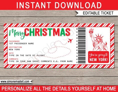 New York Boarding Pass Christmas Gift Printable Ticket - Surprise Trip Getaway Holiday Flight - INSTANT DOWNLOAD - EDITABLE text - you edit Christmas Gift Template, Fake Plane Ticket, Ticket Template Free, Surprise Trip Reveal, Boarding Pass Template, Christmas Tattoo, Merry Christmas Text, Plane Ticket, Christmas Text