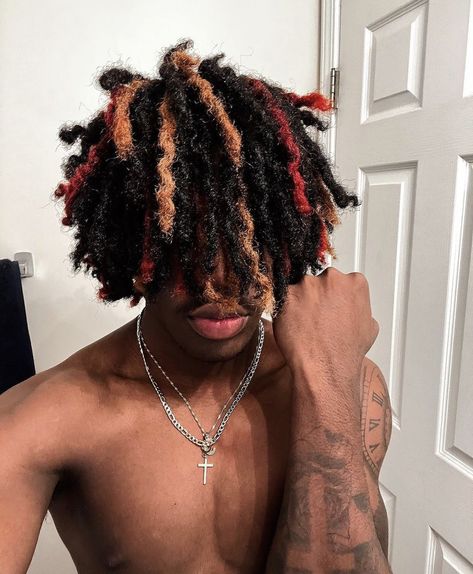 Male Dyed Locs, Hair Color Ideas Dreads Men, Dread Inspo Men, Dyed Male Hair, Mens Loc Hairstyles, Dreads In Face, Loc Colors Men, Dreads Colors Men, Hair Dye Ideas Dreads