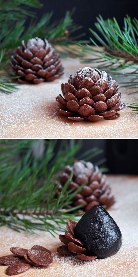 Chocolate Pinecones Recipes, Pinecone Dessert, Pine Cone Desserts, Aesthetic Christmas Recipes, Pinecone Cake Pops, Pinecone Recipe, Fancy Christmas Food, Pinecone Brownies, Christmas Dessert Pinecone