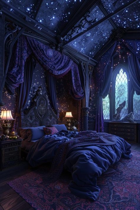 Goth Bedroom Canopy Bed, Cute Goth Bedroom Ideas, Dark Princess Bedroom, Gothic Canopy Bed Romantic, Dark Fantasy Bedroom Ideas, Gothic Witch Bedroom, Luxury Gothic Bedroom, Mystical House Decor, Gothic Fairycore Bedroom