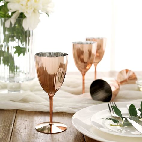 Set of 6 | 8Oz Metallic Premium Disposable Wine Glasses, Stemmed Wine Goblets - Rose Gold | Blush Plastic Kitchenware, Disposable Wine Glasses, Classy Glasses, Plastic Wine Glasses, Premium Wine, Plastic Glasses, Girl Baptism, Plastic Cutlery, Metallic Rose Gold