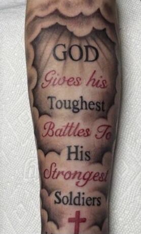 God Give His Toughest Battles Tattoo, Ripped Skin Tattoo, Arm Tattoos For Guys Forearm, Soldier Tattoo, Skin Tattoo, Arm Tats, God Tattoos, Half Sleeve Tattoos For Guys, Dope Tattoos For Women