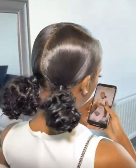 Two Low Buns, Low Buns, Black Hair Dye, Curly Hair Videos, Hair Done, Butterfly Knot, Flat Iron Hair Styles, Girls Hairstyles Braids, Work Hairstyles