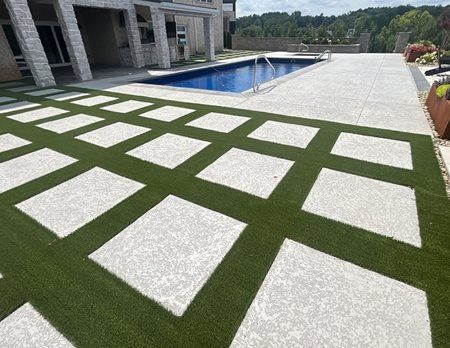 Concrete Pavers with Grass In-Between (+ Groundcover or Rock) | SUNDEK Pattern Concrete, Outdoor Gathering Space, Decomposed Granite, Concrete Coatings, Concrete Contractor, Concrete Pavers, Concrete Slab, Backyard Makeover, In Between