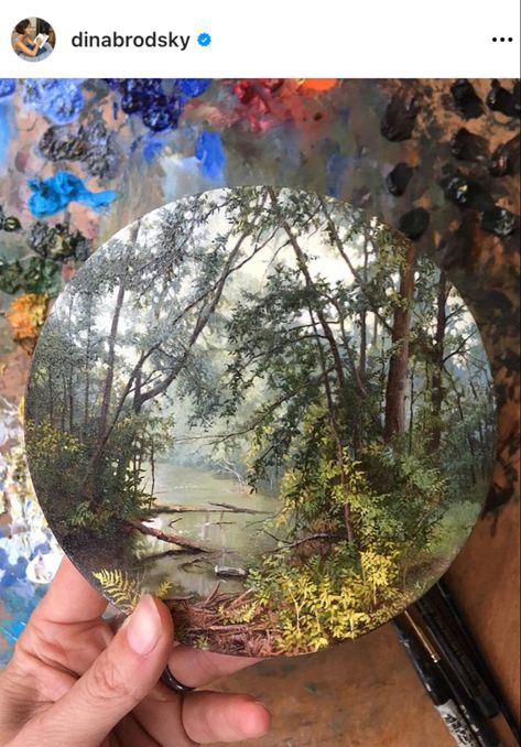 Round Landscape Painting, Landscape Paintings Acrylic Canvases, Circular Paintings, Circular Canvas Painting, Round Canvas Painting, Circular Painting, Dina Brodsky, Round Painting, Circular Canvas