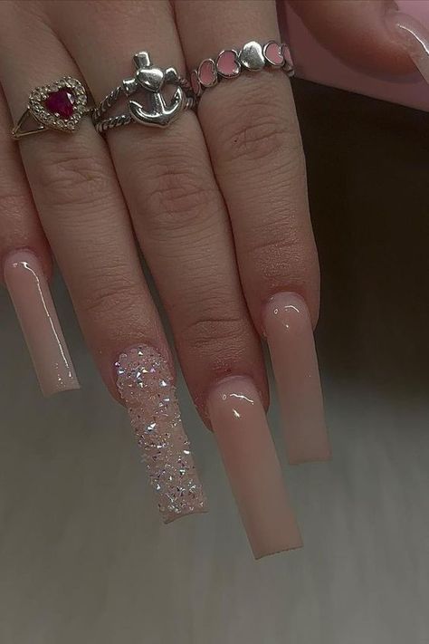 Pretty Pink Nails Acrylic Long, Nude Nails For Prom, Long Nude Nails With Design, Nail Ideas Square Long, Minimalist Birthday Nails, Square Long Nails Acrylics, Long Charm Nails, Long Natural Acrylic Nails, Long Acrylic Nail Designs Baddie