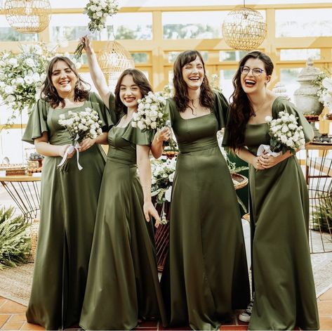 Olive Green Dress Outfit, Bridal Maid Dress, Braids Maid Dresses, Olive Green Bridesmaid Dresses, Green Dress Outfit, Olive Green Weddings, White Long Sleeve Mini Dress, Mini Dress Outfit, Simple Wedding Gowns