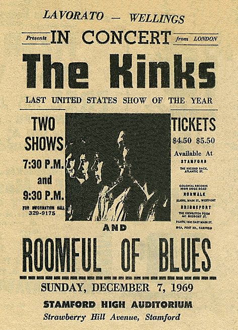 The Kinks 1969 Stamford The Kinks Poster Vintage, The Kinks Aesthetic, The Kinks Poster, Janecore Aesthetic, The Kinks Band, Guitar Collage, Concert Promotion, 1960s Posters, Concert Poster Art