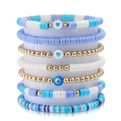 PRICES MAY VARY. Clay Bead Bracelets: These cute bracelets are made of high-quality polymer clay, heart, evil eye, and golden beads, strung on elastic bands, lightweight, waterproof, and safe to wear. Stretch Bracelets: The outside length of the bracelets is approx 6.75 inches, length adjustable. Blue Bracelets: Whether you're soaking up the sunshine on a beach, sightseeing on a city break, or for daily leisure, wear these bracelets together or layer them with other beach bracelets for a chic su Make Clay Beads, Clay Bead Bracelets, Bracelets Summer, Colorful Bead Bracelets, Clay Bead Necklace, Bracelets Friendship, Preppy Bracelets, Crystal Bead Jewelry, Preppy Jewelry