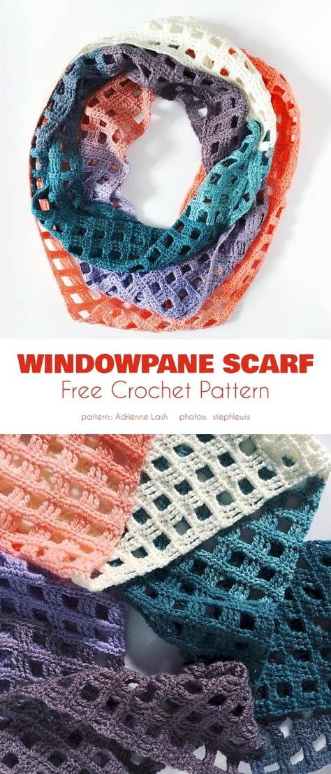 Windowpane Crochet Pattern, Free Scarf Crochet Pattern, Crochet Infinity Scarf Free Pattern, Rectangle Shawls, Infinity Scarf Crochet, Crochet Infinity Scarf Pattern, Crocheted Scarves, Crochet Bird Patterns, Crochet Scarf Pattern