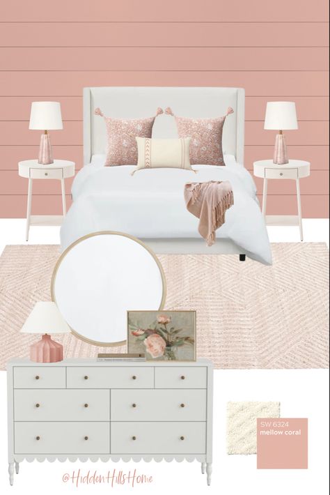 Pink teen girls bedroom decor mood board with a pink accent wall Girls Room Queen Bed, Pink Shiplap Wall, Pink Accent Wall Bedroom, Pink Shiplap, Girls Room Mood Board, Aurora Bedroom, Pink Teen Girl Bedroom, Tufted Headboard Bedroom, Girls Headboard