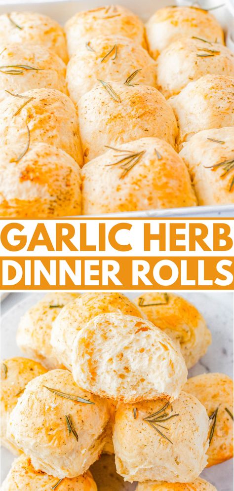 Garlic Herb Rolls - Indulge in the perfect holiday side dish with a basket of homemade garlic and herb rolls! Made with plenty of garlic, fresh rosemary and herbs, these soft dinner rolls are a must-have for family dinners or celebration meals like Thanksgiving and Christmas. Even if you've never made homemade dinner rolls, don't worry because I explain it all and walk you through the steps, and make it EASY for you to master homemade rolls! Celebration Meals, Herb Rolls, Soft Dinner Rolls, Texas Roadhouse Rolls, Puppy Boy, Averie Cooks, Homemade Rolls, Bake Goods, Small Microwave