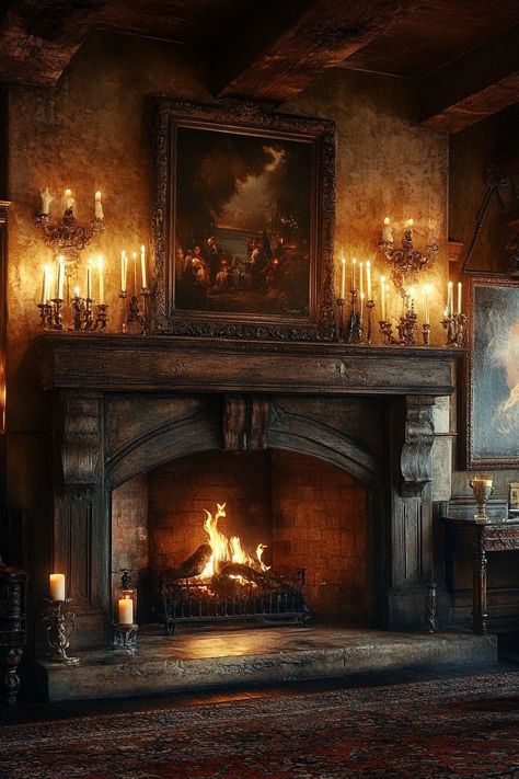 unique fireplace gothic style design Dark Wood Fireplace Mantle, Hearth Aesthetic, Cottagecore Fireplace, Royal Portraits Painting, Unique Fireplace, Portraits Painting, Fireplace Designs, Royal Portraits, Farmhouse Fireplace