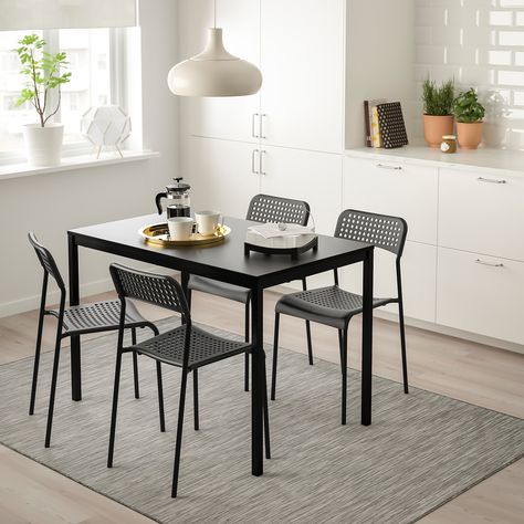 IKEA TARENDO / ADDE Black Table and 4 chairs Ikea Dining Room, Ikea Dining, Big Table, White Dining Table, Putrajaya, Design Line, Steel Chair, Stackable Chairs, Single Chair